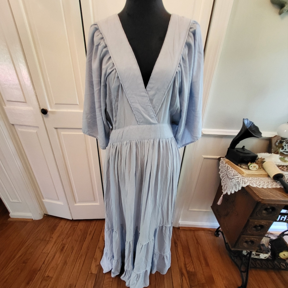 Baby Blue Tiered Maxi Dress M Cottagecore Wedding Coastal Spring Easter Boho